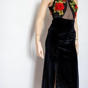 Elegant Handmade Black Dress with Red Floral Embroidery